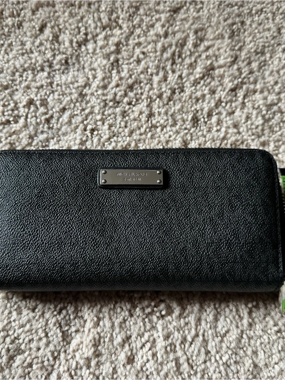 Michael Kors Black Textured Zip-Around Wallet with Silver Plaque